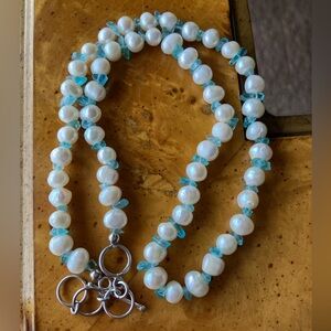 Natural Freshwater Pearl Blue Apatite Sterling Silver Necklace
